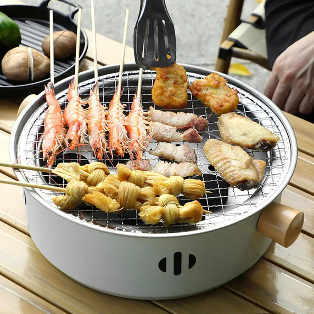 Churrasqueira em aço inoxidável, Fogão a carvão coreano, Fogão para churrasco dividido, Rack antiaderente redondo para acampamento ao ar livre