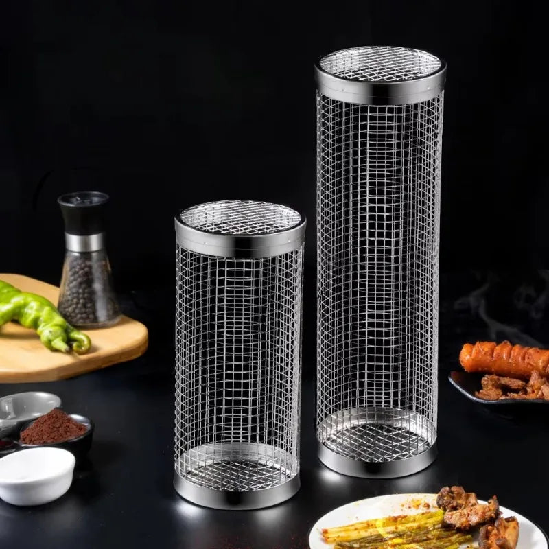 Gaiola de churrasco de aço inoxidável ao ar livre cilindro grill fumado malha tambor ferramenta churrasco kamado acessórios para churrasco