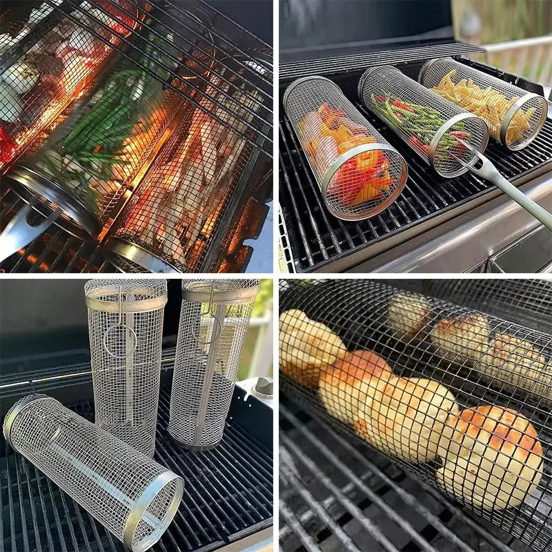 Gaiola de churrasco de aço inoxidável ao ar livre cilindro grill fumado malha tambor ferramenta churrasco kamado acessórios para churrasco