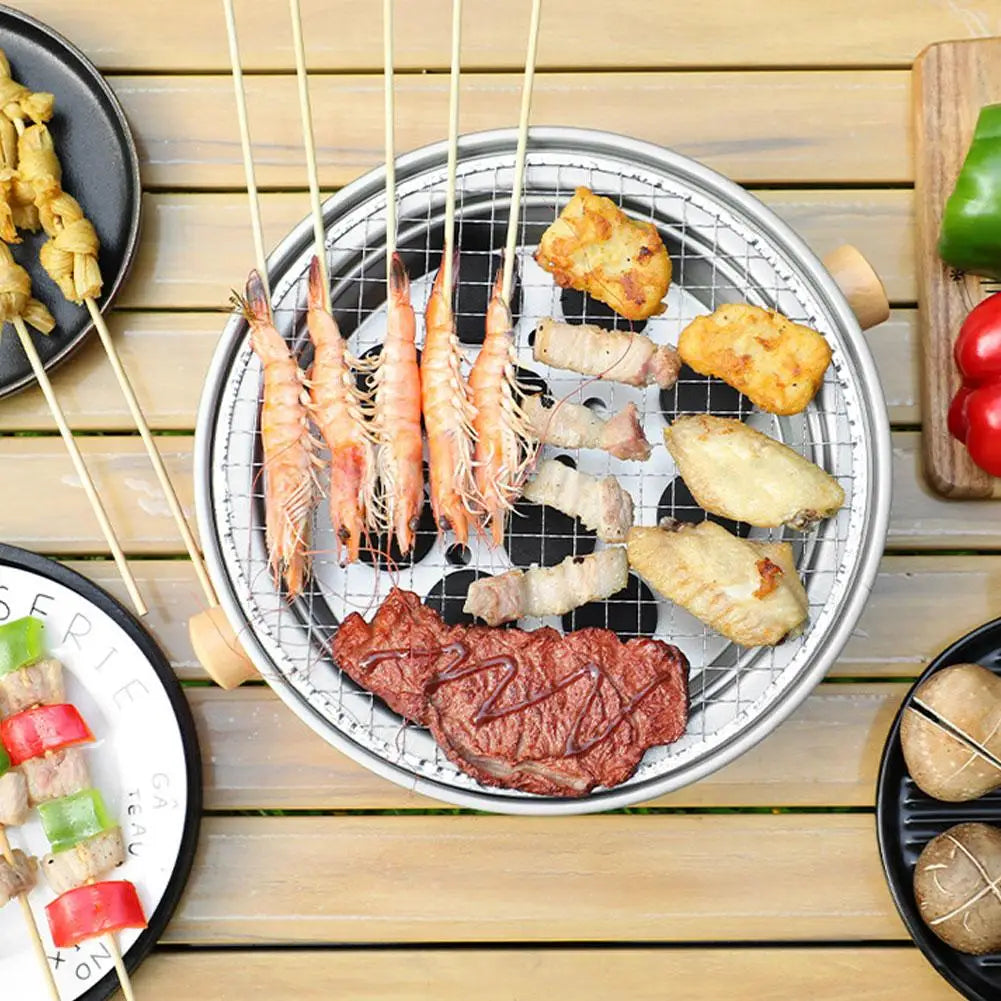 Churrasqueira em aço inoxidável, Fogão a carvão coreano, Fogão para churrasco dividido, Rack antiaderente redondo para acampamento ao ar livre