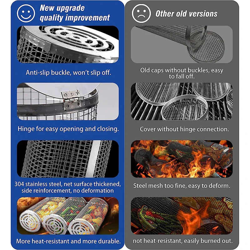 Cesta de churrasco de aço inoxidável rolando grelhar cesta de malha de arame cilindro grill cesta portátil redonda acampamento ao ar livre rack churrasco