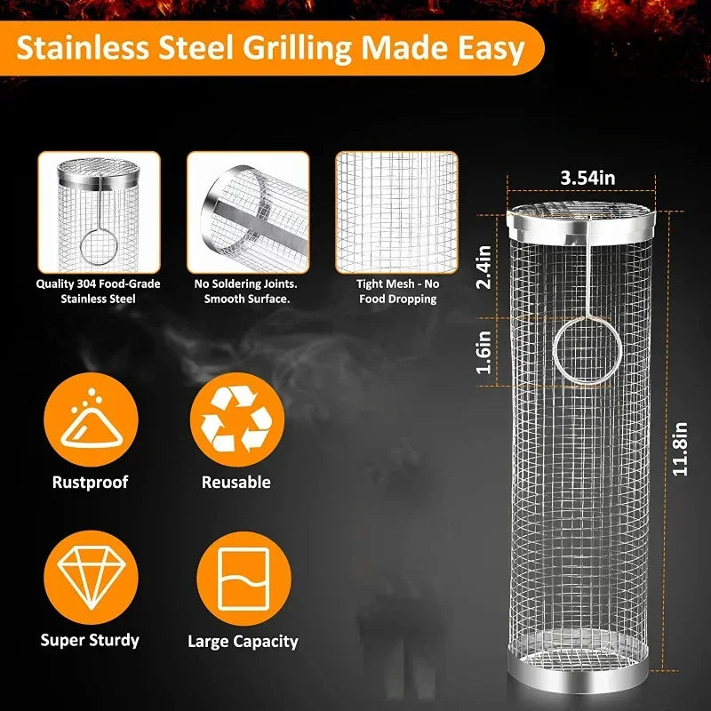 Cesta de grelha de aço inoxidável portátil gaiola de churrasco rolamento grelhar cesta útil churrasqueira cesta ao ar livre grill acessórios