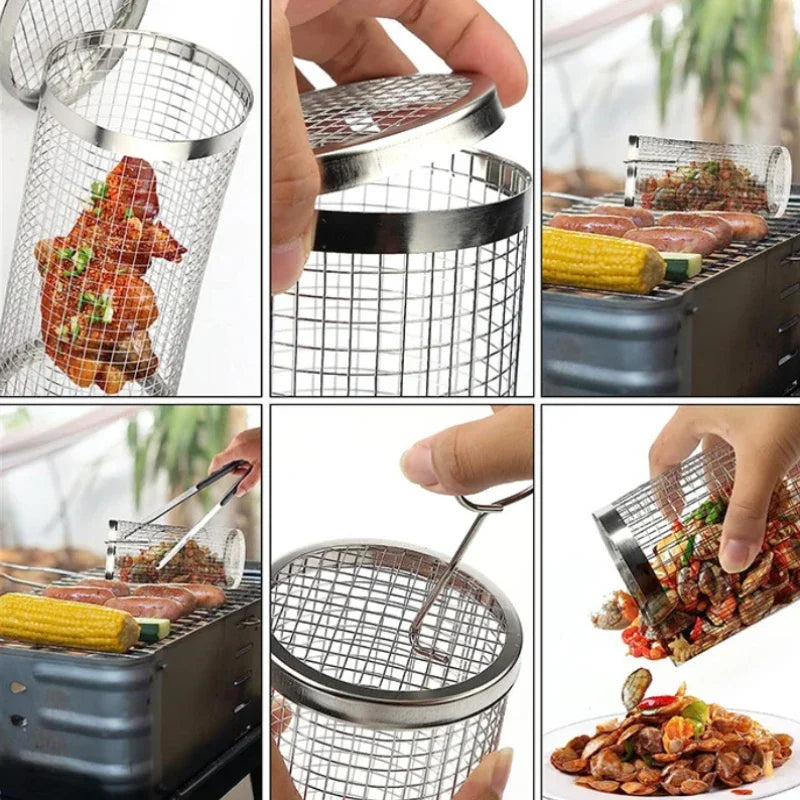 Cesta de grelha de aço inoxidável portátil gaiola de churrasco rolamento grelhar cesta útil churrasqueira cesta ao ar livre grill acessórios