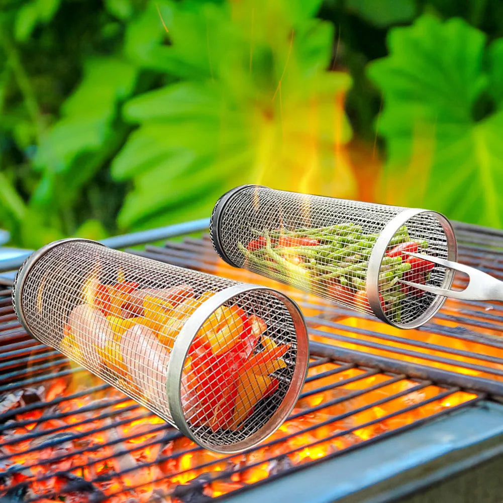 1-4 pçs rolamento grelhar cesta de aço inoxidável churrasqueira cesta malha portátil acampamento ao ar livre rack de churrasco acessórios de cozinha