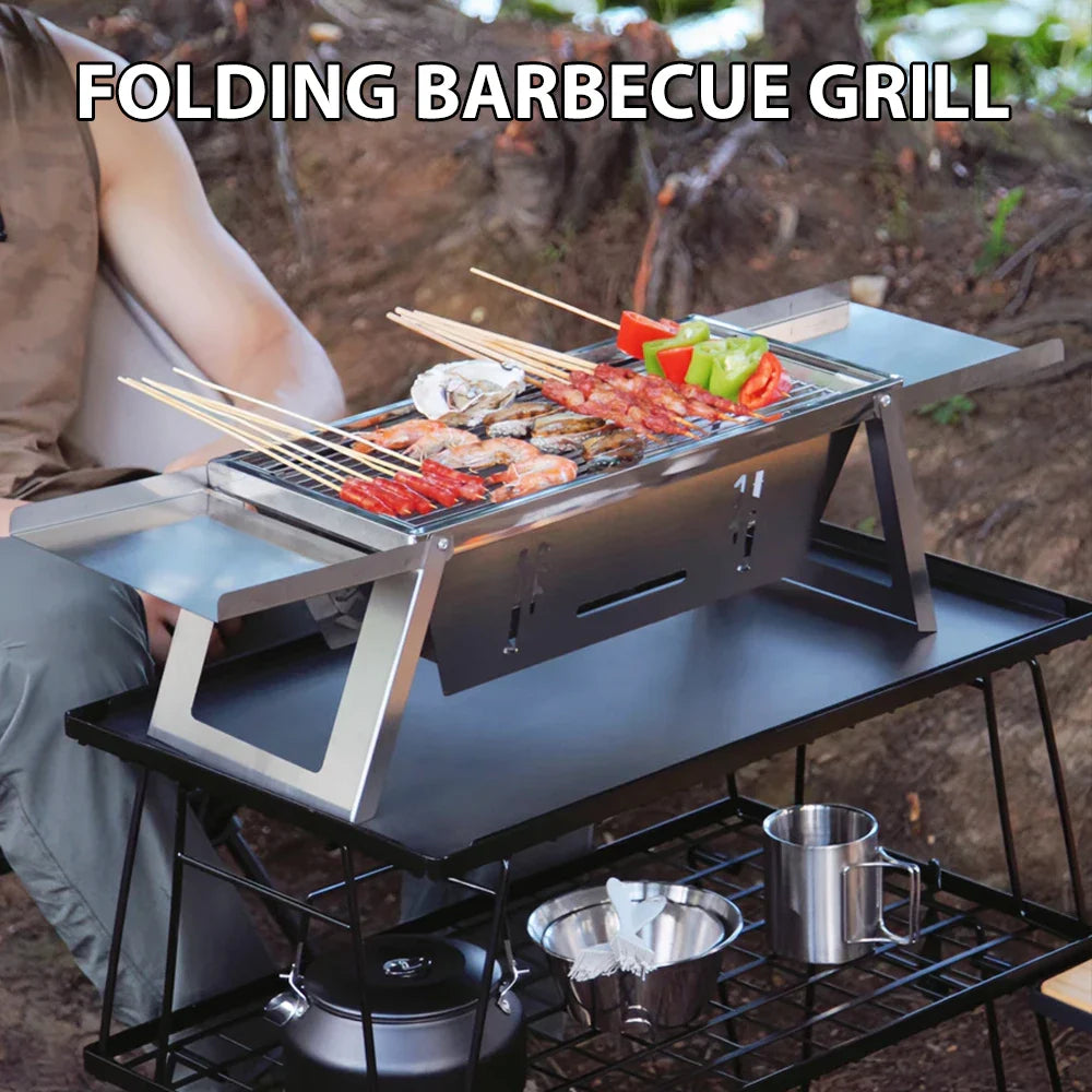 Grelha de churrasco dobrável de aço inoxidável para casa e ao ar livre, kebabs de carvão, churrasco dobrável portátil sem fumaça