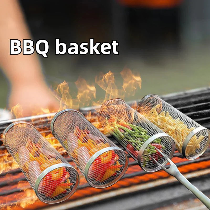1-4 pçs rolamento grelhar cesta de aço inoxidável churrasqueira cesta malha portátil acampamento ao ar livre rack de churrasco acessórios de cozinha