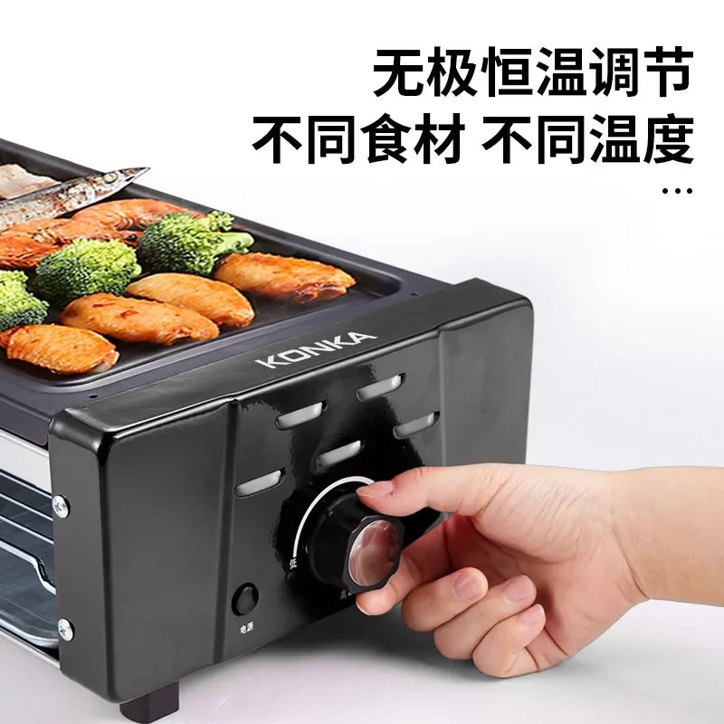 Máquina de churrasco elétrica de baixo fumaça 220V para uso doméstico por panela de grelha versátil e dispositivo de espeto para uso interno