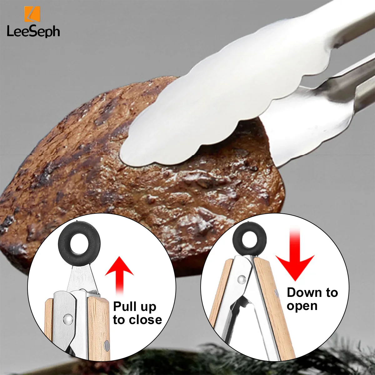 Pinça de cozinha de aço inoxidável com alça de carvalho, pinça de salada para churrasco com anel de travamento, aparelho de cozinha para grelhar salada e churrasco