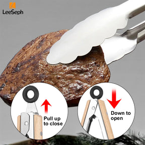Pinça de cozinha de aço inoxidável com alça de carvalho, pinça de salada para churrasco com anel de travamento, aparelho de cozinha para grelhar salada e churrasco