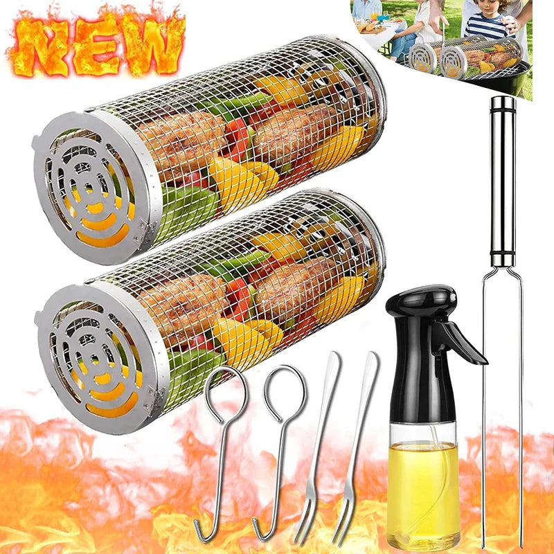 Cesta de churrasco de aço inoxidável rolando grelhar cesta de malha de arame cilindro grill cesta portátil redonda acampamento ao ar livre rack churrasco