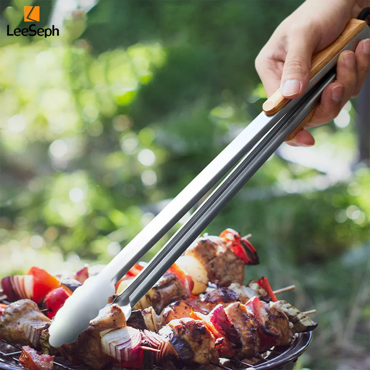 Pinça de cozinha de aço inoxidável com alça de carvalho, pinça de salada para churrasco com anel de travamento, aparelho de cozinha para grelhar salada e churrasco