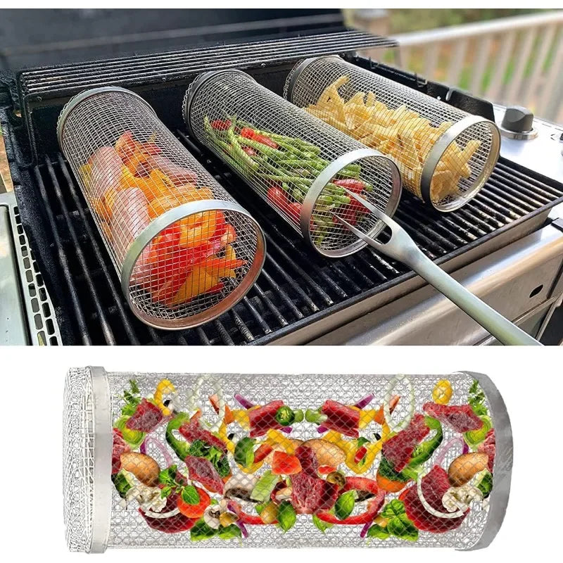 Cesta para grelhar churrasco, cesta para grelhar, gaiolas para churrasco, cilindro, cestas para grelhar para acampamento ao ar livre