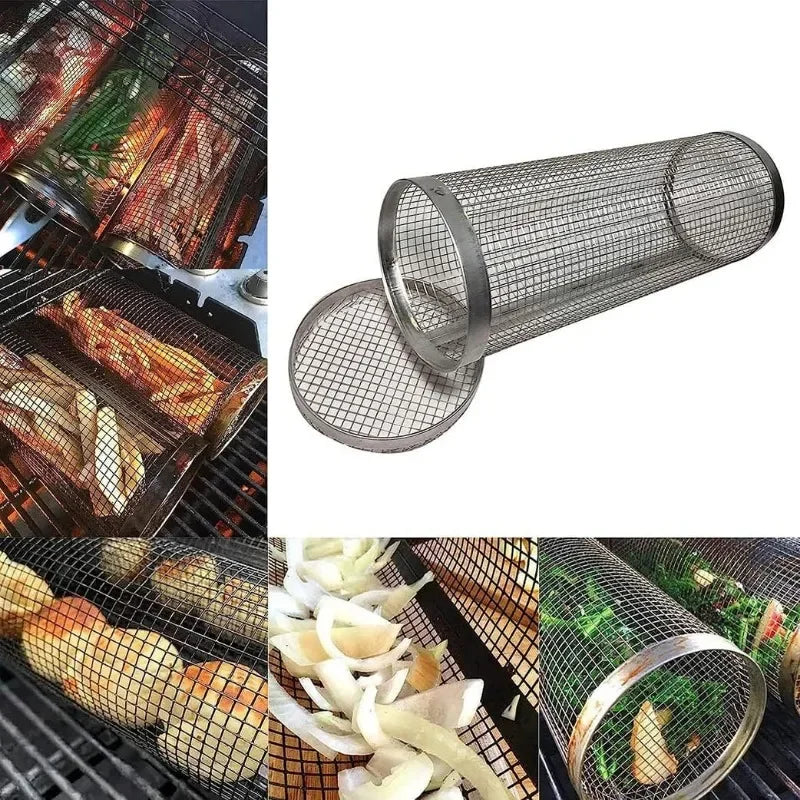 Cesta para grelhar churrasco, cesta para grelhar, gaiolas para churrasco, cilindro, cestas para grelhar para acampamento ao ar livre