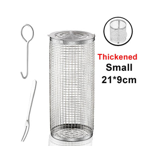 Cesta de churrasco de aço inoxidável rolando grelhar cesta de malha de arame cilindro grill cesta portátil redonda acampamento ao ar livre rack churrasco