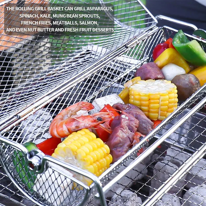 Aço inoxidável rolando churrasqueira malha cesta grill rotisserie cesta rolo churrasqueira gaiola torrador