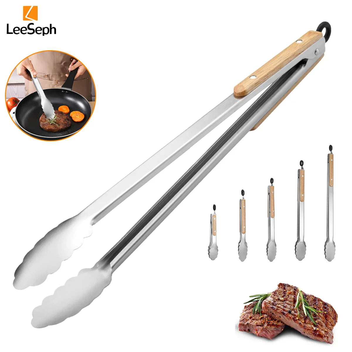Pinça de cozinha de aço inoxidável com alça de carvalho, pinça de salada para churrasco com anel de travamento, aparelho de cozinha para grelhar salada e churrasco