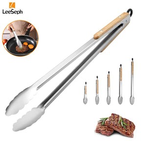 Pinça de cozinha de aço inoxidável com alça de carvalho, pinça de salada para churrasco com anel de travamento, aparelho de cozinha para grelhar salada e churrasco