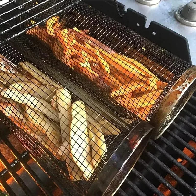 Cesta para grelhar churrasco, cesta para grelhar, gaiolas para churrasco, cilindro, cestas para grelhar para acampamento ao ar livre