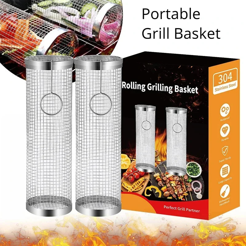 Cesta de grelha de aço inoxidável portátil gaiola de churrasco rolamento grelhar cesta útil churrasqueira cesta ao ar livre grill acessórios