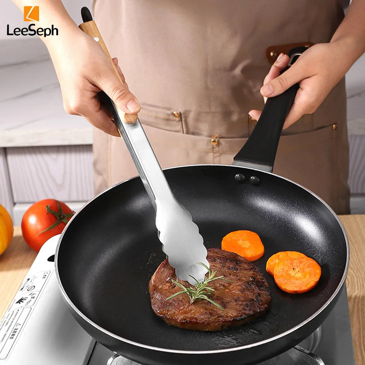 Pinça de cozinha de aço inoxidável com alça de carvalho, pinça de salada para churrasco com anel de travamento, aparelho de cozinha para grelhar salada e churrasco