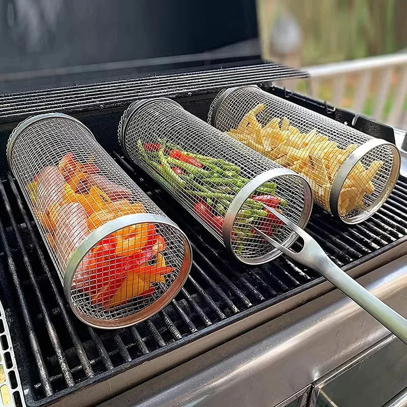 Gaiola de churrasco de aço inoxidável ao ar livre cilindro grill fumado malha tambor ferramenta churrasco kamado acessórios para churrasco
