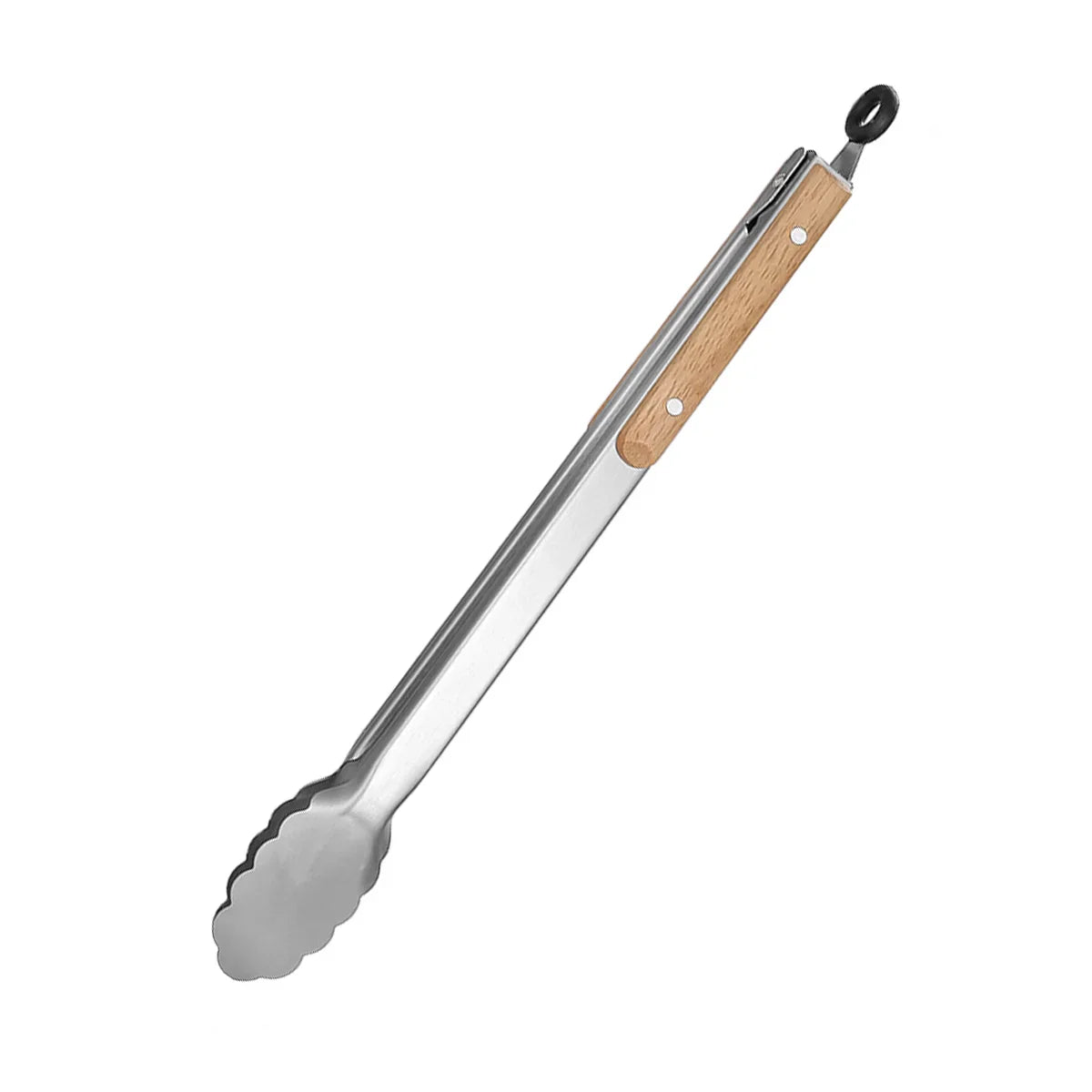 Pinça de cozinha de aço inoxidável com alça de carvalho, pinça de salada para churrasco com anel de travamento, aparelho de cozinha para grelhar salada e churrasco
