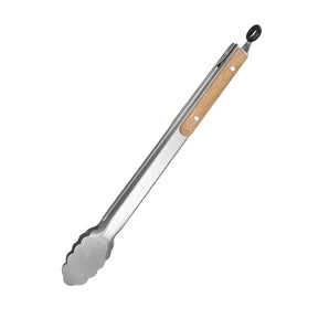 Pinça de cozinha de aço inoxidável com alça de carvalho, pinça de salada para churrasco com anel de travamento, aparelho de cozinha para grelhar salada e churrasco