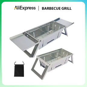 Grelha de churrasco dobrável de aço inoxidável para casa e ao ar livre, kebabs de carvão, churrasco dobrável portátil sem fumaça