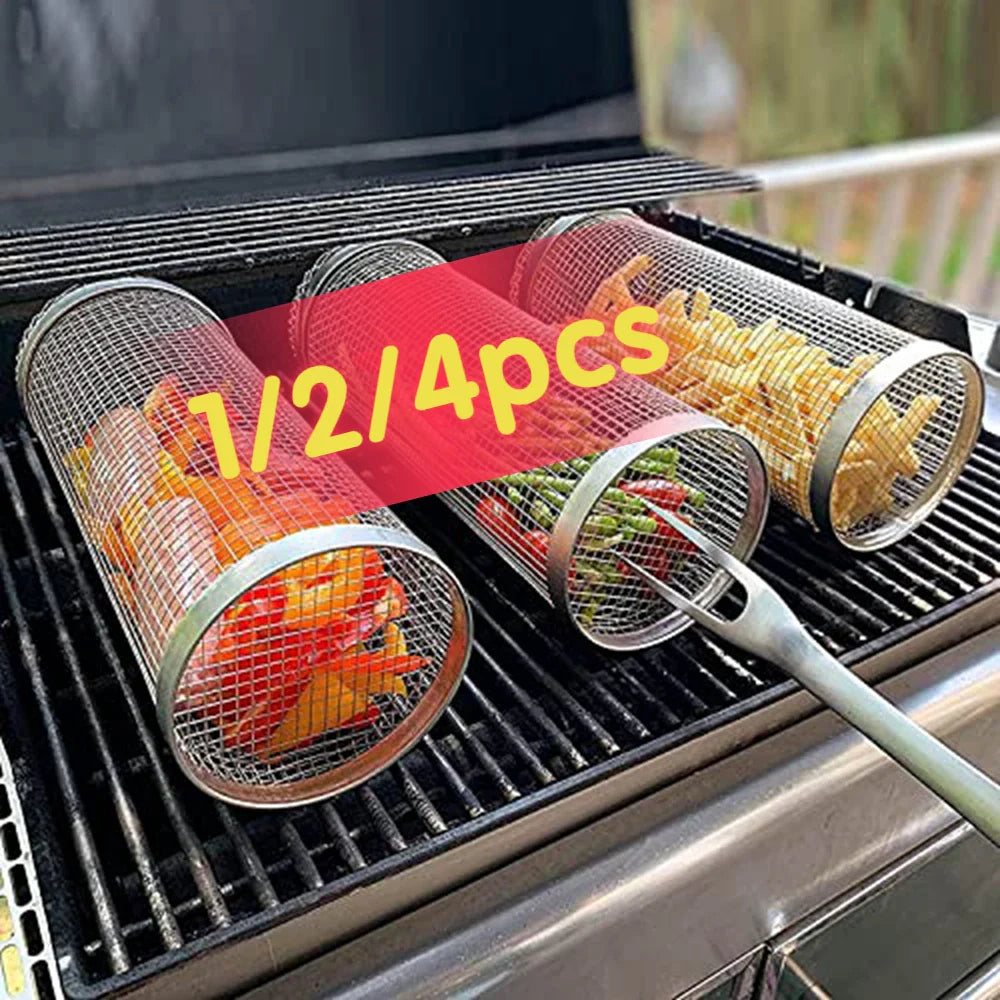 1-4 pçs rolamento grelhar cesta de aço inoxidável churrasqueira cesta malha portátil acampamento ao ar livre rack de churrasco acessórios de cozinha