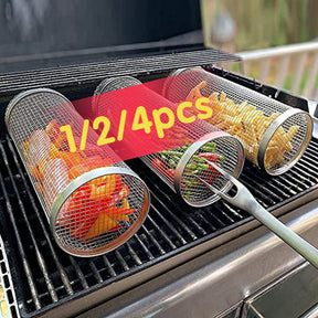 1-4 pçs rolamento grelhar cesta de aço inoxidável churrasqueira cesta malha portátil acampamento ao ar livre rack de churrasco acessórios de cozinha