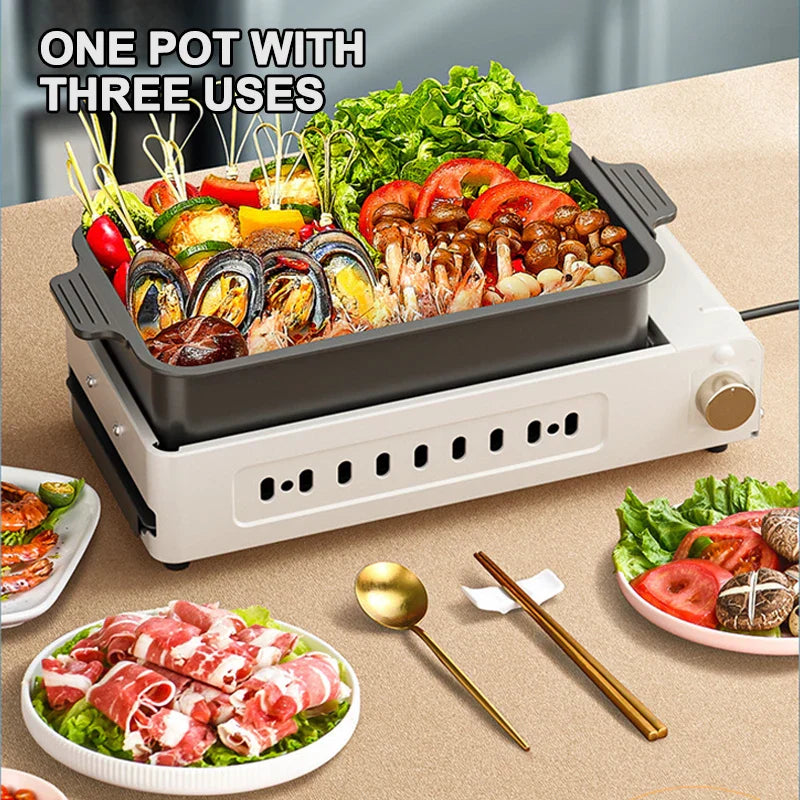 2200w multifuncional grill pan doméstico 220v máquina de churrasco elétrica sem fumaça panela quente dividida panela de cozinha 3-em-1