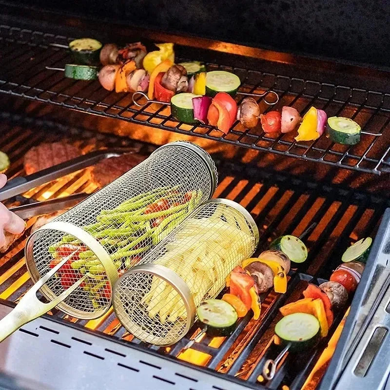 Gaiola de churrasco de aço inoxidável ao ar livre cilindro grill fumado malha tambor ferramenta churrasco kamado acessórios para churrasco