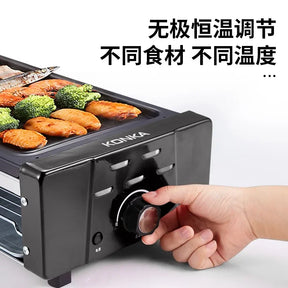 Máquina de churrasco elétrica de baixo fumaça 220V para uso doméstico por panela de grelha versátil e dispositivo de espeto para uso interno