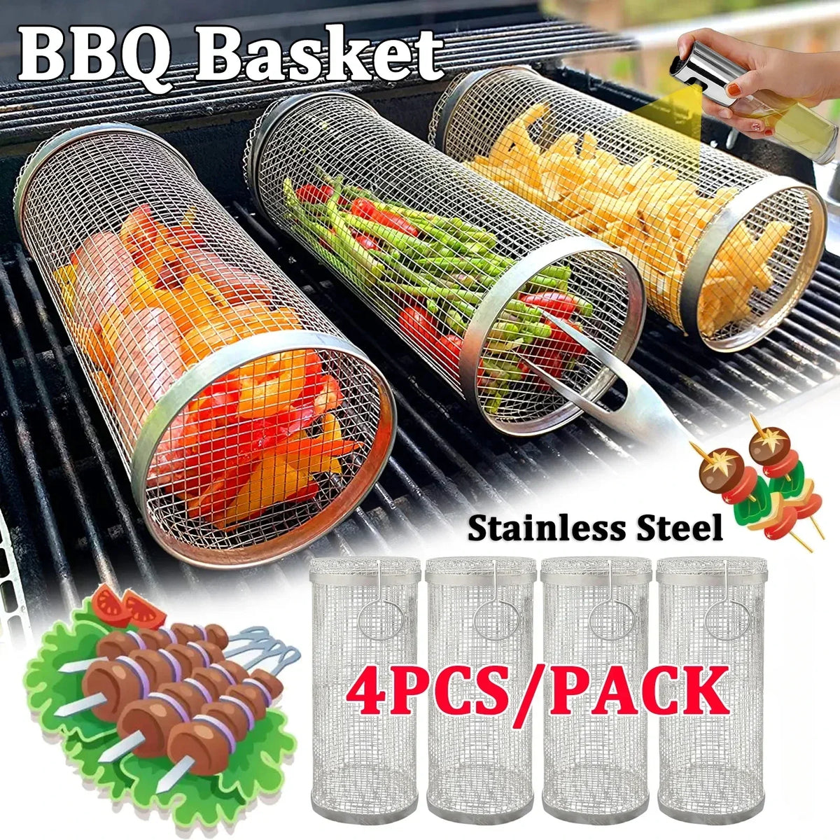 Cesta de churrasco rolante- maior cesta de grelhar de sempre, malha redonda de aço inoxidável, rack de churrasco de acampamento para legumes, peixe