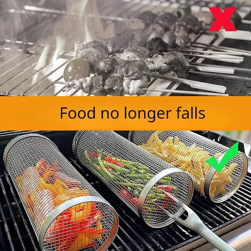 Cesta de grelha de aço inoxidável portátil gaiola de churrasco rolamento grelhar cesta útil churrasqueira cesta ao ar livre grill acessórios